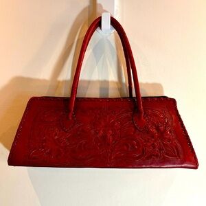 ALEXIS DAVID Tooled Leather Hand Shoulder Bag Deep Red Interior Pocket Floral